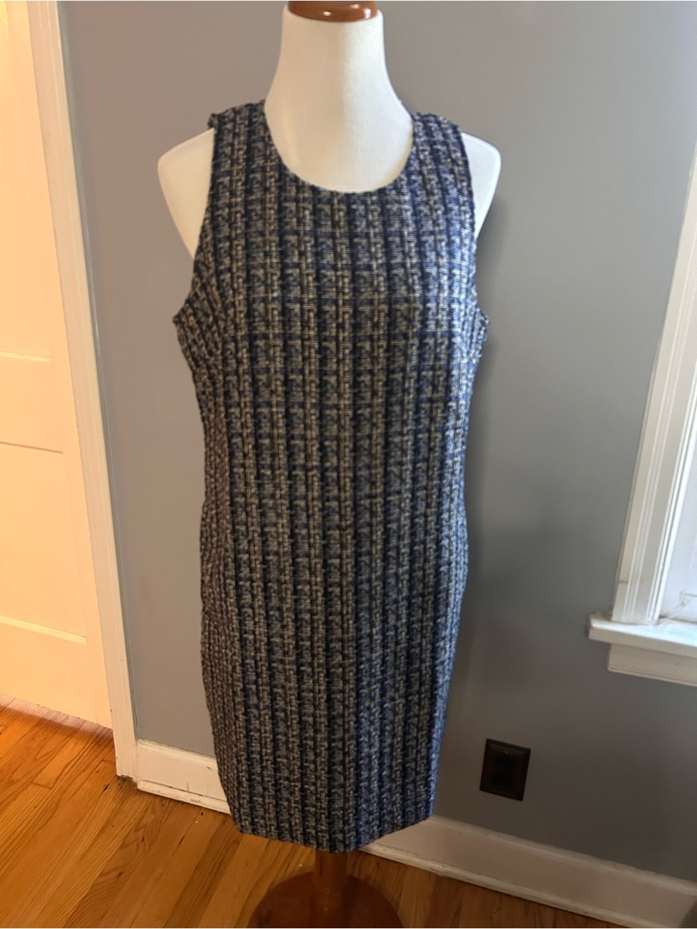 J. Crew Navy and White Textured Sleeveless Shift Dress